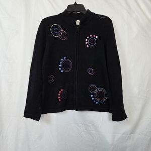 Christopher & Banks Women's Black Embroidered Zip Long Sleeve Cardigan M Vintage